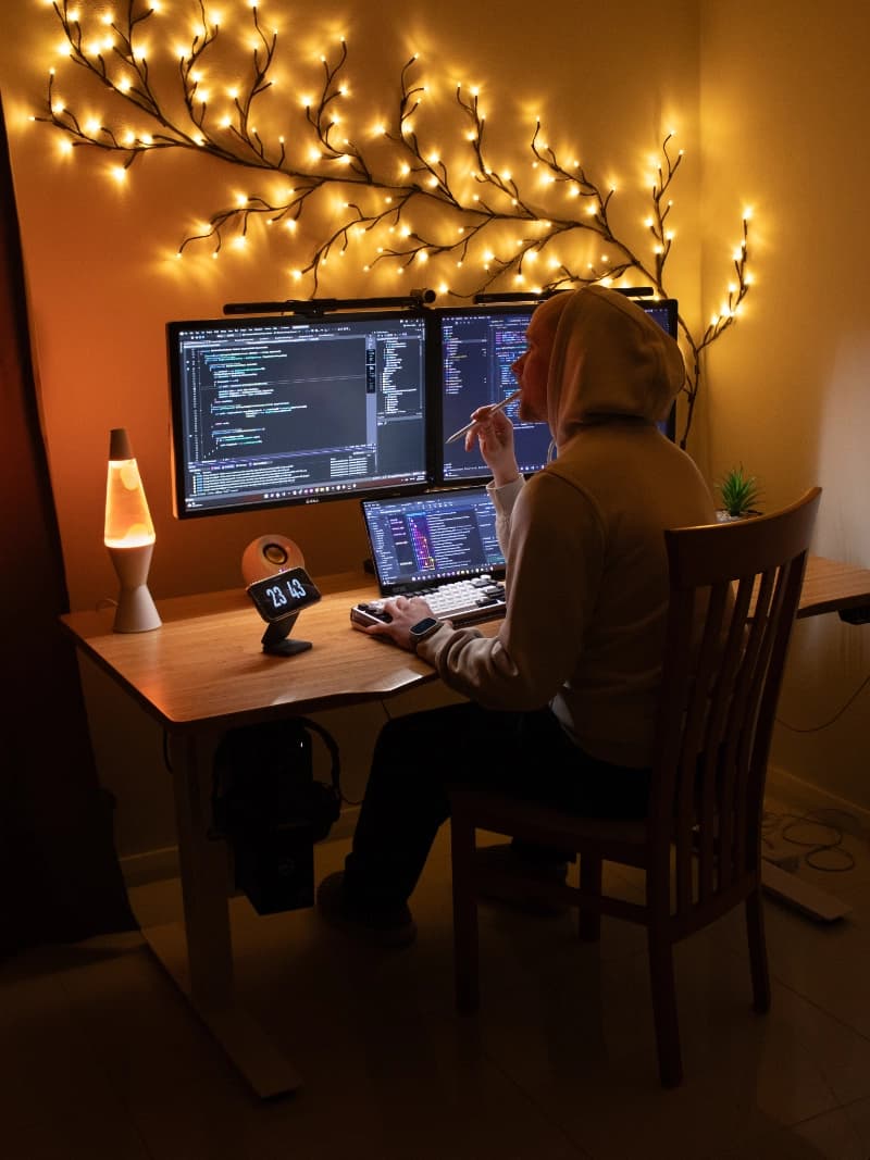 Photo of Jakub Varinsky sitting in his office with a cozy vibe setup, the person behind Web by Varis, promoting a mentorship offer for web development and tech coaching