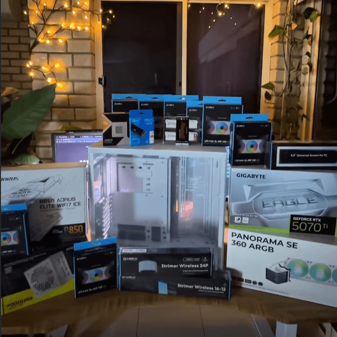 Custom PC desk setup — WebbyVaris Modern computer desk setup with peripherals, lighting, workspace layout, and custom PC build by Jakub Varinsky