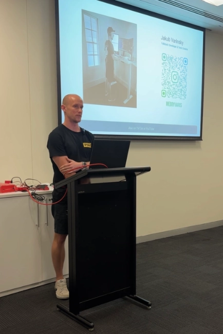 WordPress talk — Web by Varis Jakub Varinsky speaking about WordPress at a public event for Web by Varis